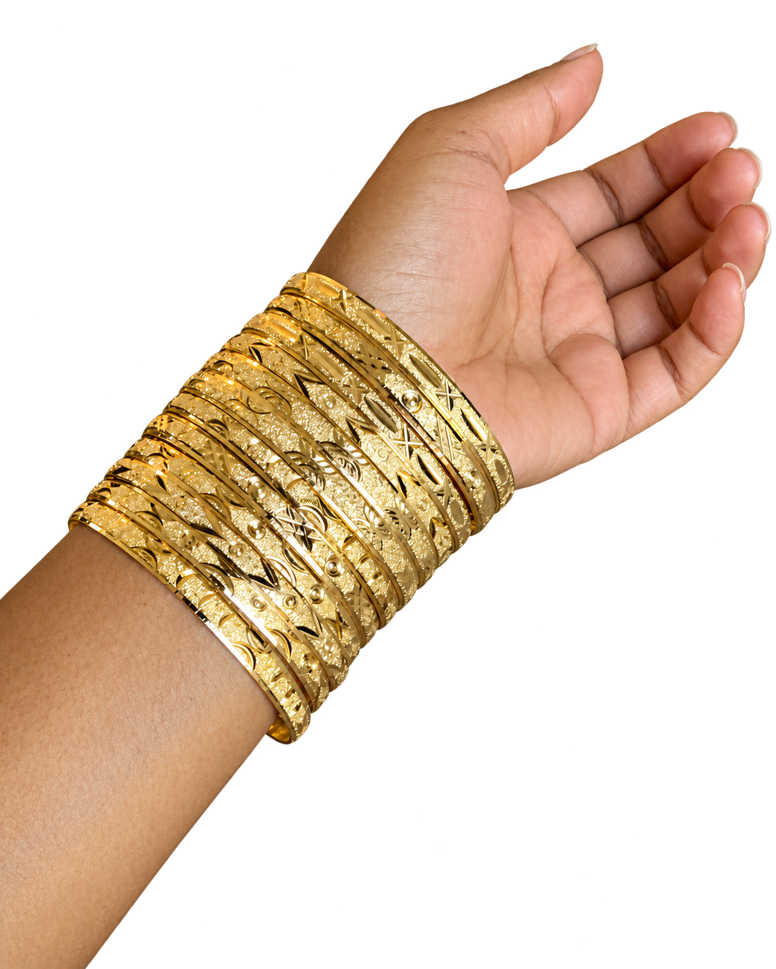 Stack Haus diamond-cut gold bangles shown with hand turned up in a full wrist stack
